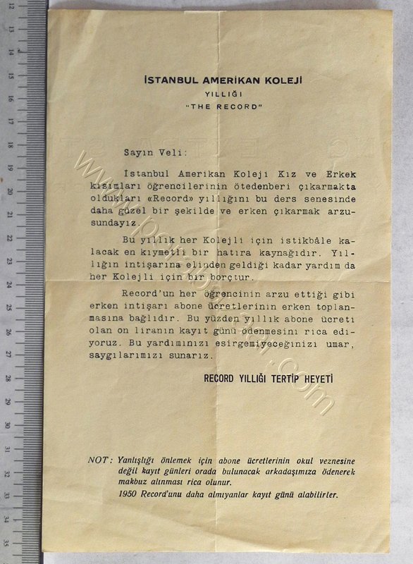İstanbul Amerikan Koleji Yıllığı ,Abone Formu, 1950